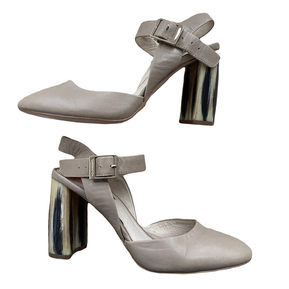 Neutral leather heels with stacked heel